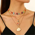 Collana a tre strati stile oceano con fiori all'uncinetto, conchiglia a cuore e pendente - Stile a Tre Strati Fiore Conchiglia Oro (K-196)