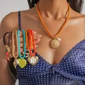 Bohemian colorful rope necklace and bracelet set with enamel fish and heart charms - Orange Heart Flower Style