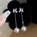 Elegante Silbernadel-Schleifenohrringe mit hängenden Perlen für die Abendgarderobe - Schleife Tropfen Perle Stil (21#)