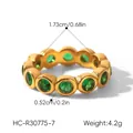 Detailed view of gold stainless steel ring with round green zircon stones and measurements - Size 7 / Round Cut Style (HC-R30775-7)