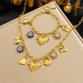 Vintage gold-plated stainless steel charm necklace and bracelet set with heart motifs - N4277 B2138