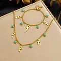 Vintage Ankh cross turquoise necklace and bracelet set in gold-plated stainless steel. - N4285 B2146