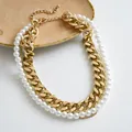 Detail shot of multi-layer chunky gold chain and pearl choker necklace - Necklace - Gold - White
