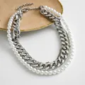 Detail shot of a layered necklace featuring chunky silver chains and white pearls - Necklace-Silver-White