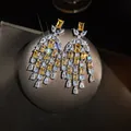 Élégantes boucles d'oreilles pendantes vintage en argent avec cristaux jaunes et clairs - 5# Tige en Argent Sterling 925 - Gland Zirconia Jaune / Argent-Jaune