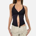 Top corto negro con cuello halter y nudo frontal con pantalones cargo en beige - S / Negro
