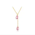Detailansicht einer goldenen Y-Halskette mit zwei rosa Zirkonia-Anhängern in Tropfenform - Rosa Wassertropfen Anhänger (XL0237) / Rosa