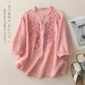 Pink cotton linen embroidered blouse with mandarin collar and floral patterns for women - M / Pink