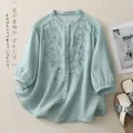 Summer cotton linen embroidered shirt for women with mandarin collar in light green - M / Blue