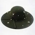 Detailed view of dark olive green wool felt hat with pearl and metallic bead accents - Army Green
