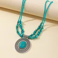 Vintage silver turquoise pendant necklace with turquoise stone beads and retro carving - Blue