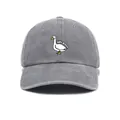 Close-up of silly goose embroidery on washed dark grey vintage cotton baseball cap - One Size / Gray