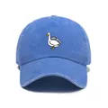 Detail of blue washed cotton baseball cap featuring silly goose embroidery and retro texture - One Size / Blue