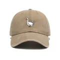 Detail of silly goose embroidery on khaki washed vintage cotton baseball cap - One Size / Khaki