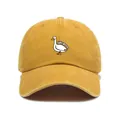 Detailed view of the silly goose embroidery on a mustard washed cotton baseball cap - One Size / Yellow