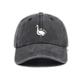 Close-up of silly goose embroidery on a charcoal grey washed denim baseball cap - One Size / Black