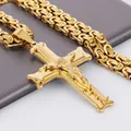 Gold stainless steel Byzantine chain necklace with a detailed crucifix cross pendant - Cross Pendant with Byzantine Chain / Gold