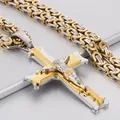 Two-tone stainless steel cross pendant necklace for men with chunky Byzantine chain link - Cross Pendant with Byzantine Chain / Steel Gold