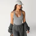 Close-up of gray ribbed knit V-neck tank top featuring high-quality elastic fabric detail - XS / Mixed Grey