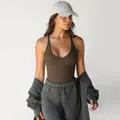 Women's rib knit v-neck bodysuit with drawstring joggers and zip hoodie set - XS / Coffee