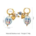 Golden stainless steel hoop earrings with blue tulip ceramic beads and pearl charms - Blue Red Tulip Hoop Earrings