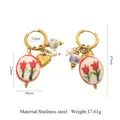 Handcrafted ceramic tulip earrings with gold stainless steel and white pearls - Red Green Pattern (6236830227489) / Red Green Tulip Hoop Earrings