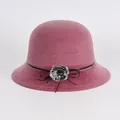 Elegant rose pink faux mink fur cloche hat for women with black ribbon and pompom detail - Pink (Single Pom Pom)