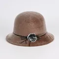 Women's faux mink fur bucket hat in light brown with decorative black cord and fur ball - Brown (Single Pom Pom)