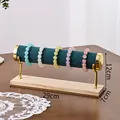 Dark green velvet T-bar bracelet holder with gold finish caps and natural wood base - Single Layer / Dark Green Velvet