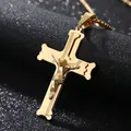 Polished gold stainless steel crucifix cross pendant with box chain on dark background - Cross Pendant with Pearl Chain / Gold