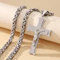 Polished silver stainless steel Byzantine chain with a crucifix cross pendant necklace - Cross Pendant with Byzantine Chain / Steel