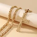 Gold-tone crucifix cross pendant necklace featuring intricate Jesus relief with a heavy chain - Cross Pendant with Byzantine Chain / Gold