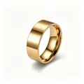 Detailed macro view of a polished gold titanium steel plain band ring for men and women - Gold-8mm Flat Panel / Size 5