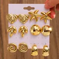 6-pair vintage gold C-shape stud earring set with shell, starfish and textured designs - 6-Pair Gold Natural Geometric Stud Set / Gold (1184)