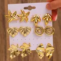 Retro gold C-shaped earring set with starfish and floral designs on display card - 6-Pair Gold Ocean Botanical Earrings Set / Gold (1186)