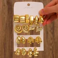 Set of 8 pairs vintage gold C-shaped hoop earrings featuring geometric and heart designs - 8-Pair Gold Geometric Mixed Earrings Set / Gold (2 Cards)