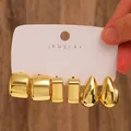 Three-piece gold-tone C-shape earring set with geometric drop and square designs - 3-Pair Gold Chunky Geometric Earrings Set / Gold (6886)
