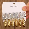 Set of six gold and silver C-shaped hoop earrings with twisted and striped textures - 12-Pair Textured Metal Earrings Set / Gold & Silver Mixed (2 Cards)