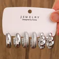 Three-piece silver C-shaped chunky hoop earring set with smooth and twisted textures - 3-Pair Silver Threaded Twisted Hoop Earrings / Silver (H-104)
