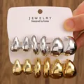 Set of 6 pairs vintage C-shaped hoop and stud earrings in polished gold and silver finishes - 12-Pair Teardrop & Hoop Earrings Mix / Gold & Silver Mixed (2 Cards)
