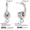Silver stainless steel hoop earrings with two small rings and a clear zircon stone - C-Shaped Multi-Ring Rhinestone Style (JDE0301313-S) / Silver
