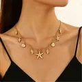 Collana oceano a doppio strato dorata con ciondoli a stella marina, conchiglia e perle - Stile Stella Marina Conchiglia Multi-specifica Oro (5632)