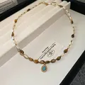 Collana di perle occhio di tigre con pendente a goccia turchese in finitura dorata - 43# Oro-Caffè
