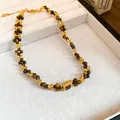 Elegante collana di perline occhio di tigre con un ciondolo quadrato dorato di classe - 50# Collana-Oro-Caffè