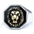 Men's retro stainless steel octagonal ring with golden lion head on black base - US 7 / Gold & Silver