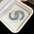 Elegant silver hoop earrings featuring sparkling sky blue glass gemstones in gift box - 33# Silver Needle - Silver - Blue