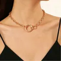 Minimalist chunky golden chain choker necklace with central O-ring pendant for women - Gold Chunky O-Ring Choker (9149)
