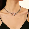 Punk style chunky silver metal chain choker necklace with large ring pendant for women - Silver Chunky O-Ring Choker (9327)