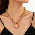 Gold chunky chain necklace with large circular pendant worn on neck for punk chic style - Gold Large Ring Chunky Necklace (12109)