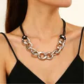 Punk style chunky silver chain necklace with black braided cord strap for women - Silver Chunky Chain Black Cord Style